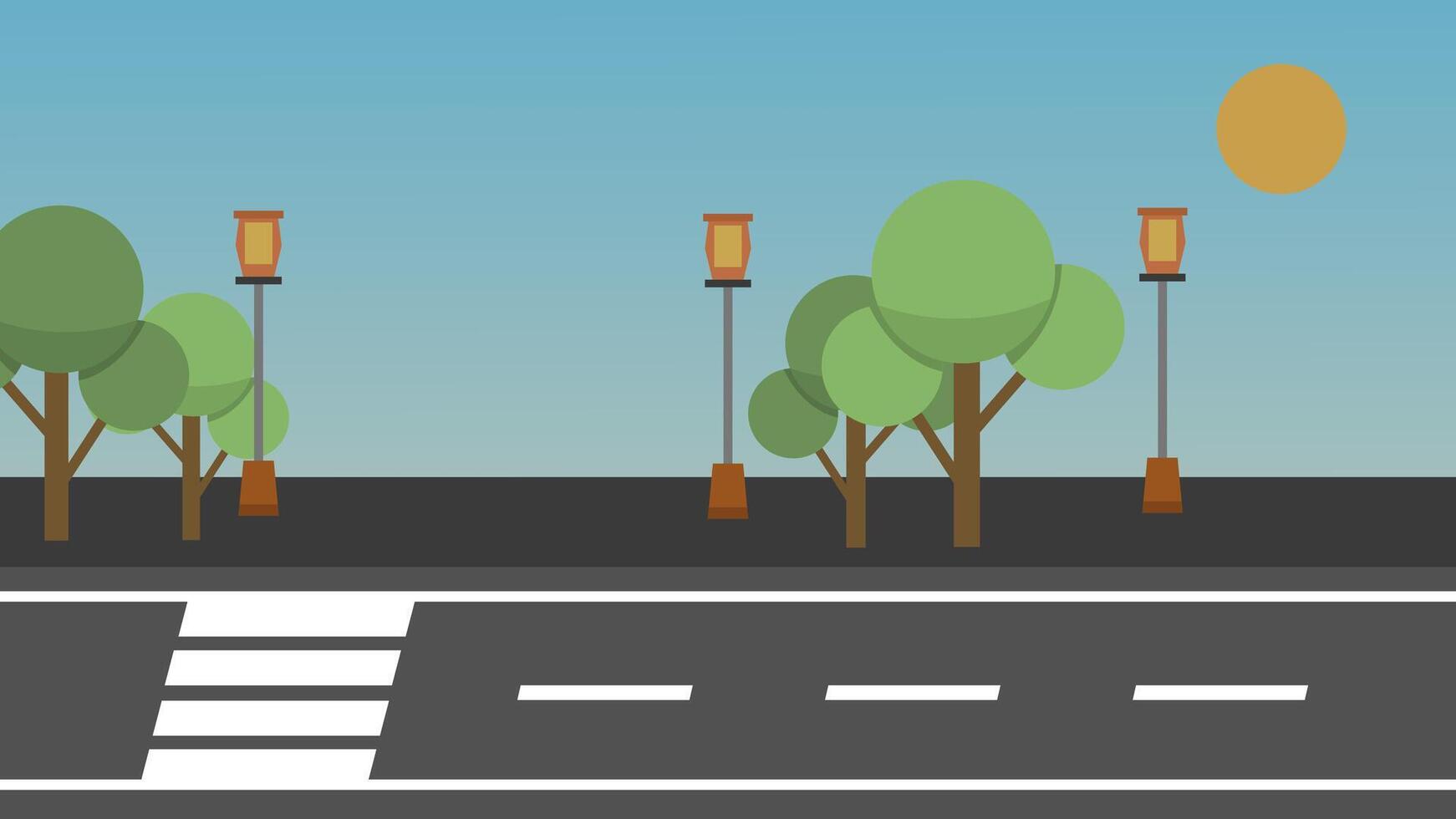 Flat Urban Street Scene with Trees and Lamp Posts Illustration vector
