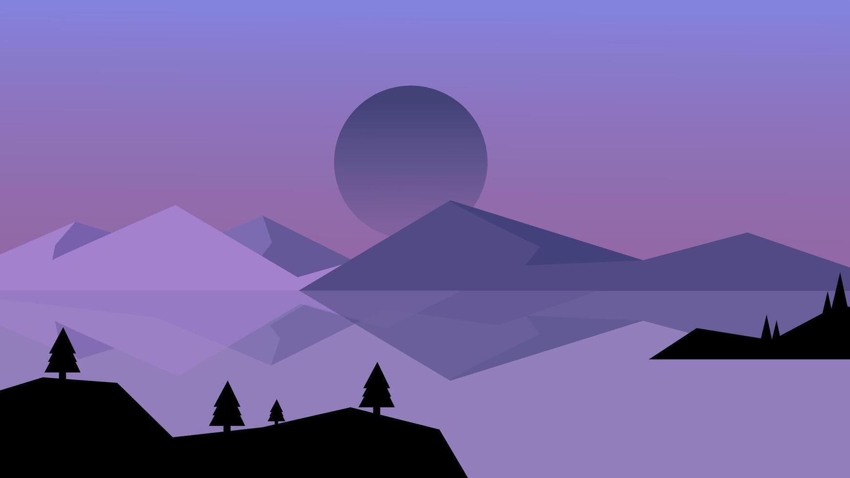 Minimalist Mountain Sunset Landscape with Lake Reflection and Pine Trees vector