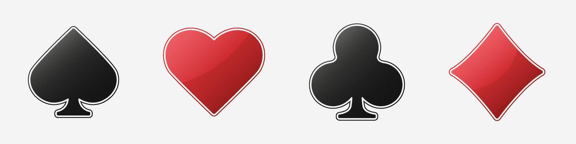 Collection of casino symbols with poker chip and playing card suits. Hearts, spades, clubs, diamonds, gambling elements, betting icons, poker signs, game design set. vector