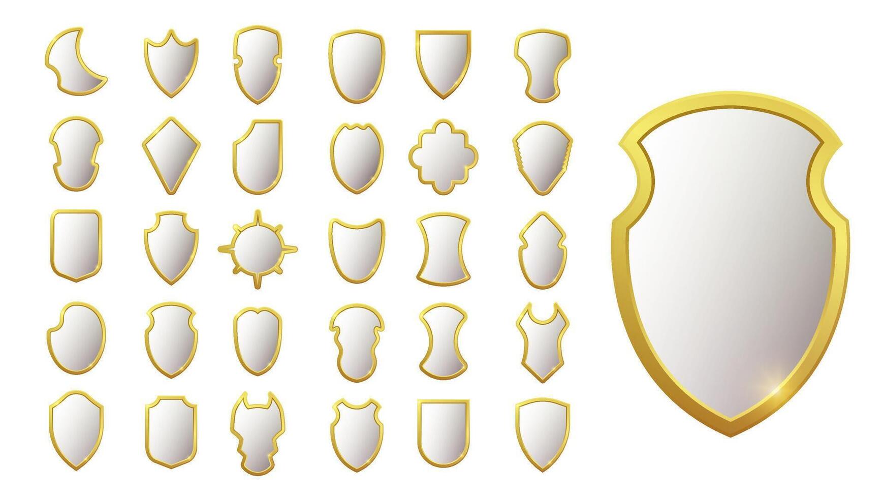 Golden armor shield set. Heraldic glossy emblems, knight coat of arms, noble protection symbols, medieval glass texture, classic defense badges, vintage style collection. vector