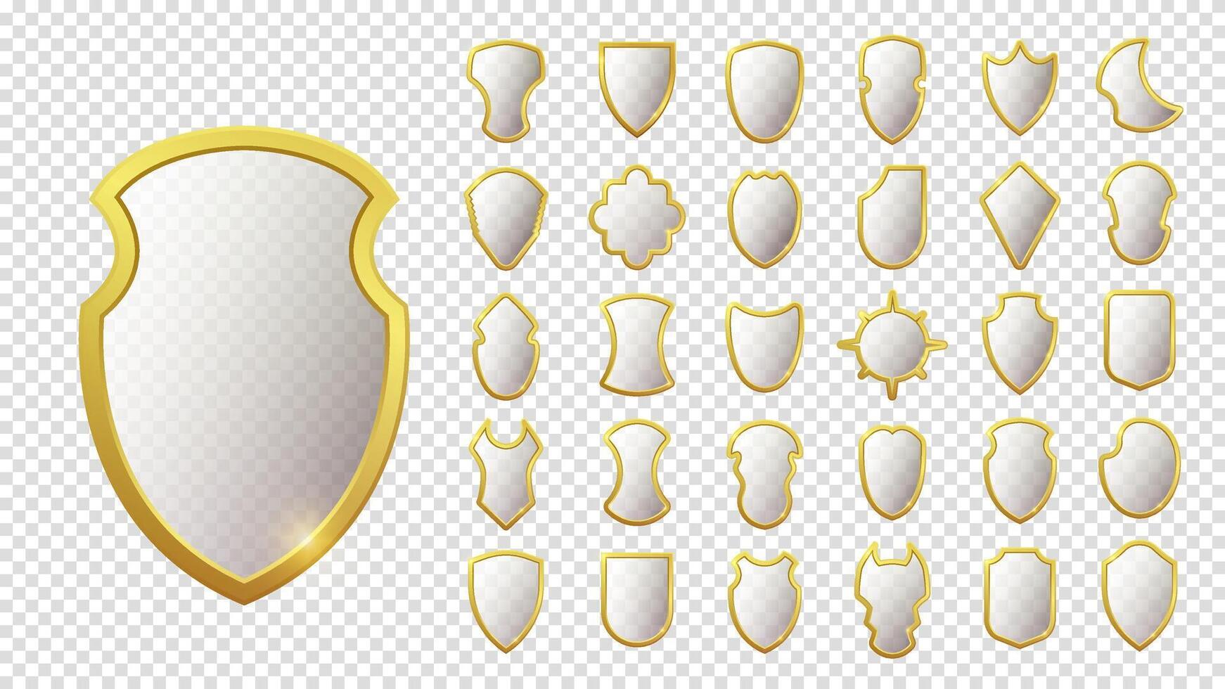 Heraldic golden shield icons. Glossy design, royal crests, knight emblems, glass-effect defense elements, noble armor symbols, traditional medieval protection collection. vector