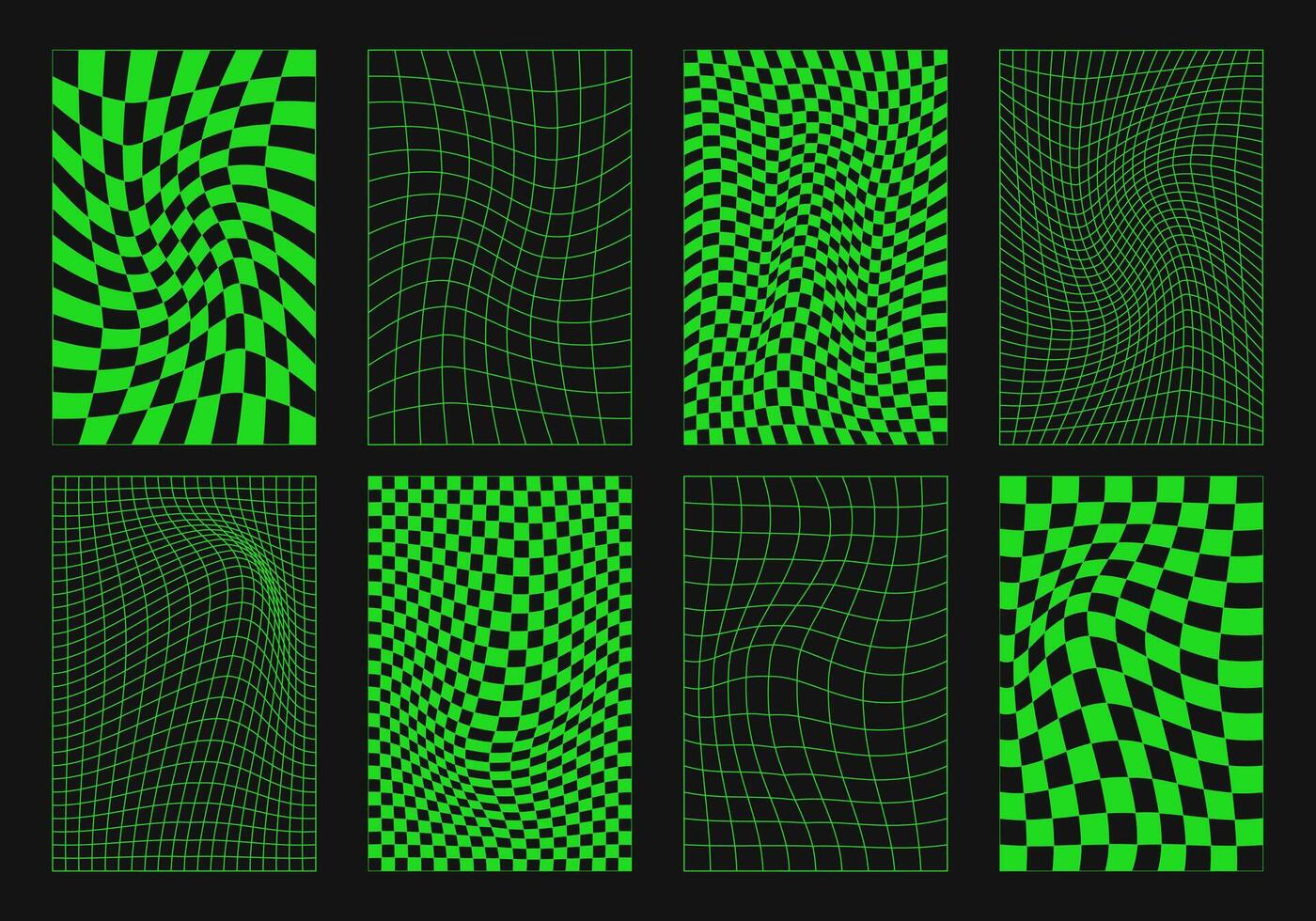 Collection of cyberpunk visuals, Y2K wireframes, techno grid shapes, psychedelic spheres, surreal geometric elements, and futuristic rave design. vector
