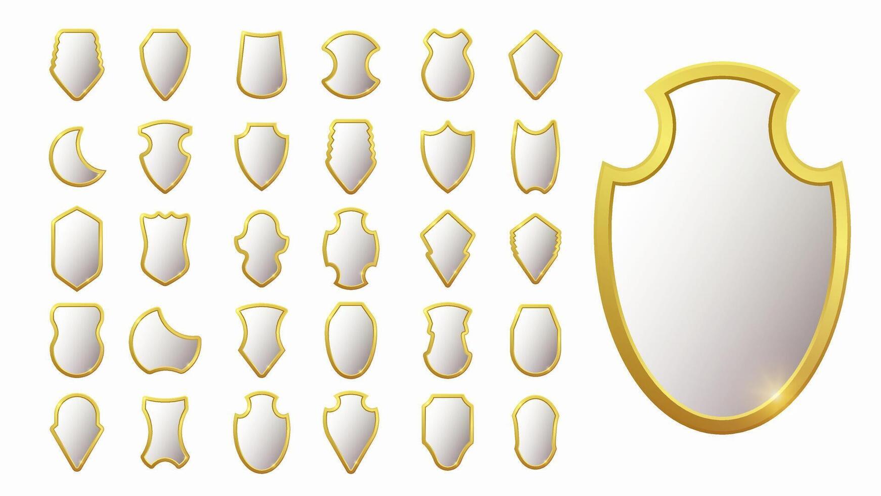 Glossy golden shields collection. Heraldic emblems, knight armor elements, royal crests, protection signs, traditional medieval design, glass-style decoration, noble defense symbols. vector