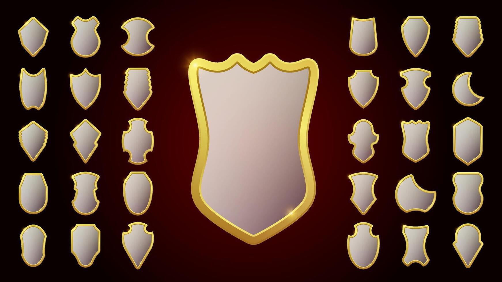 Collection of golden heraldic crests. Glossy and glass texture, classic medieval symbols, knight shields, royal armor emblems, noble defense icons, vintage protection signs. vector