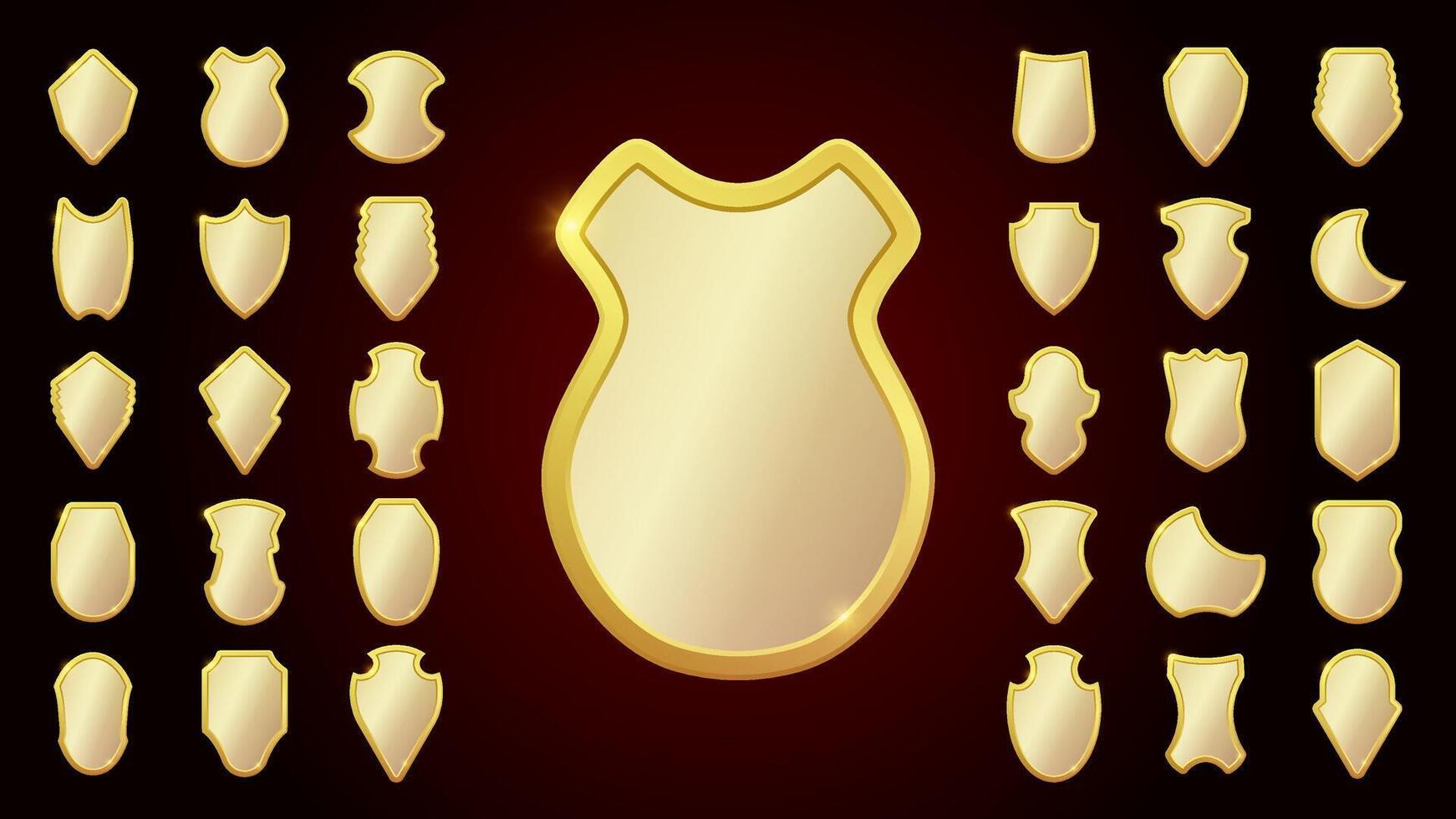 Realistic golden heraldic shields set. Glossy and glass effect shields, medieval emblem collection, luxury armor icons, decorative protection elements, royal insignia symbols. vector