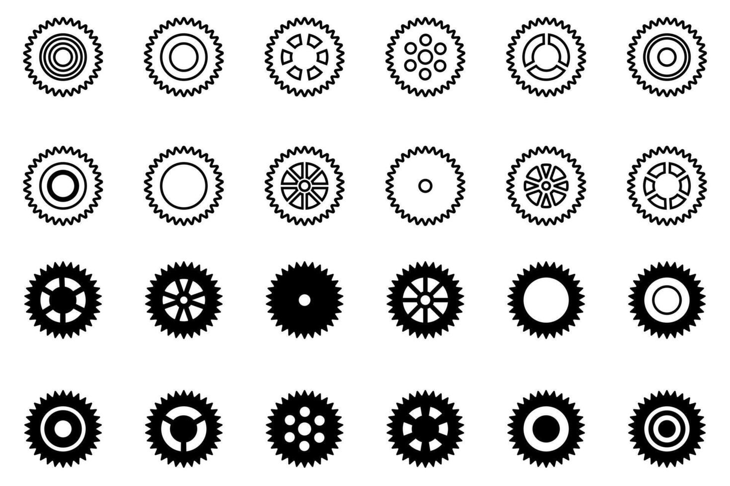 Gears icon set. Mechanical cogwheels collection. Black sprocket symbols. Simple design elements. vector