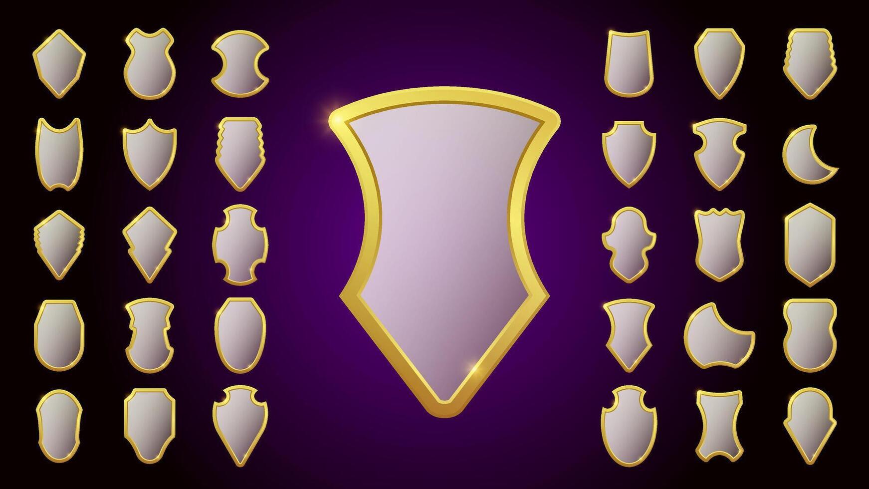 Golden shield collection. Glossy surface, realistic medieval emblems, knight coat of arms, security symbols, noble armor design, royal protection signs, traditional heraldic style. vector