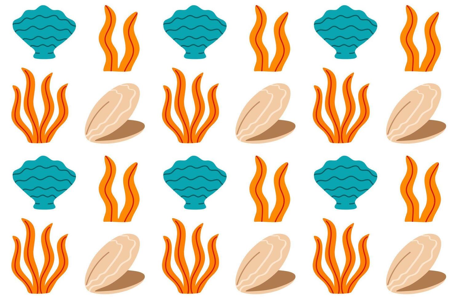 Underwater seamless pattern with clams, orange coral, and blue sea plants on a white background for ocean-themed prints vector