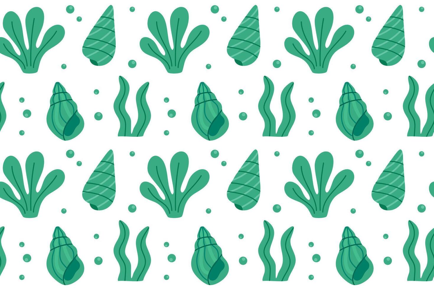 Seamless ocean-inspired pattern with green seaweed and stylized water drops on a clean white background vector