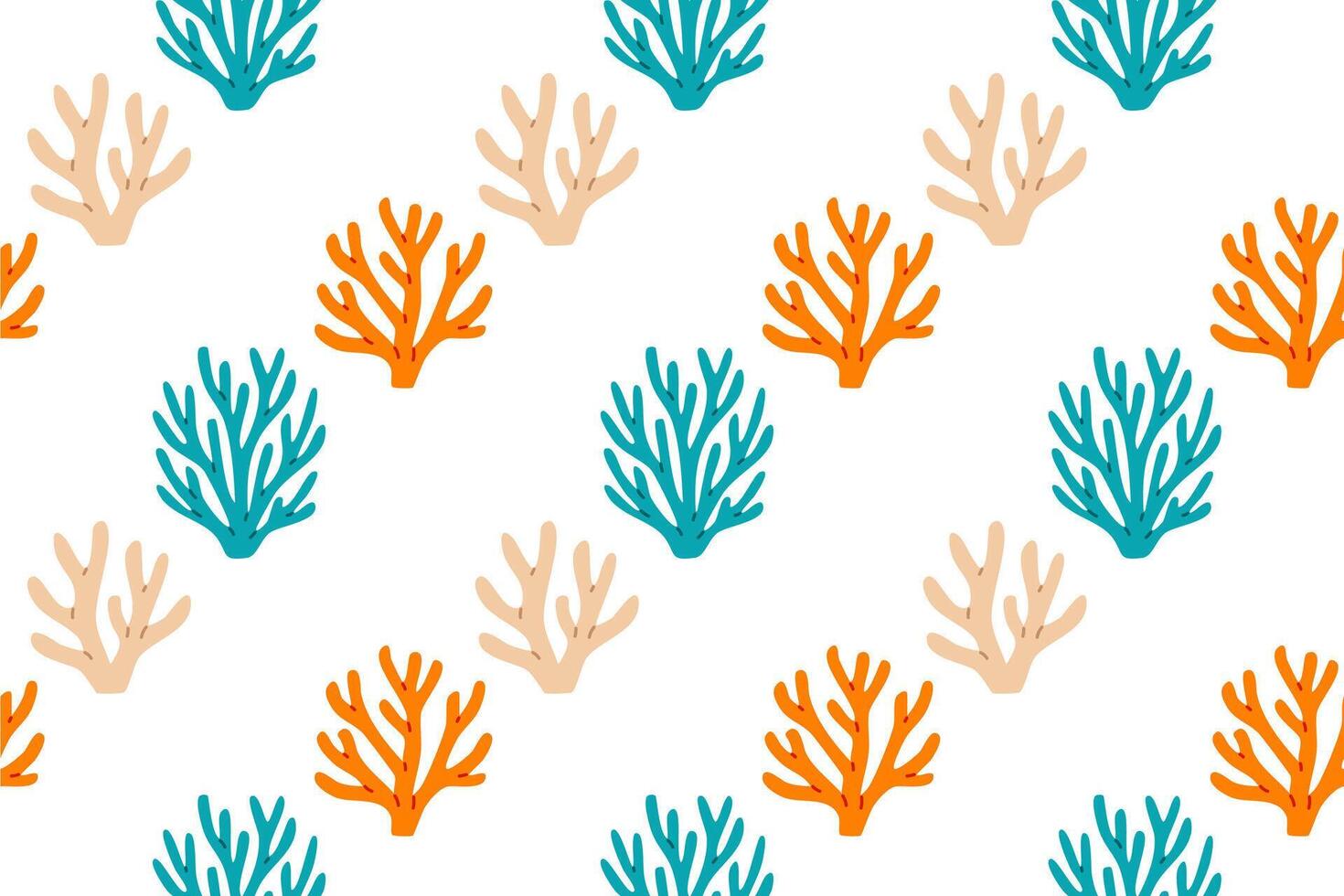 Seamless coral reef pattern with orange, beige, and teal corals on a clean white background, perfect for ocean or summer-themed designs vector