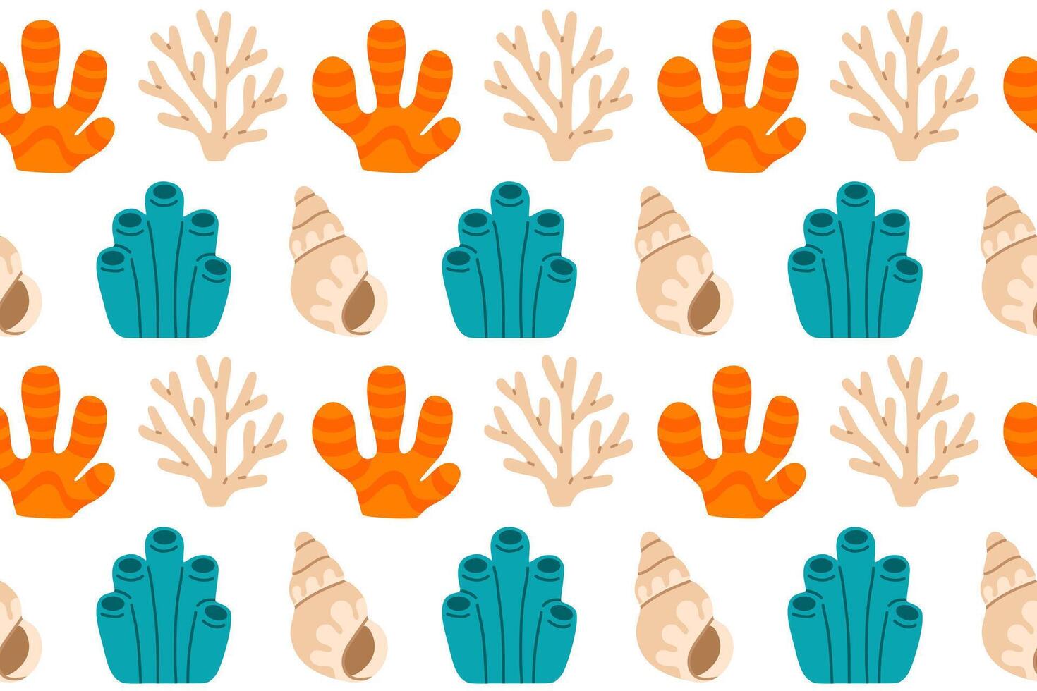 Colorful underwater pattern with corals, seashells, and tube sponges on white background, ideal for ocean-themed textiles and designs vector