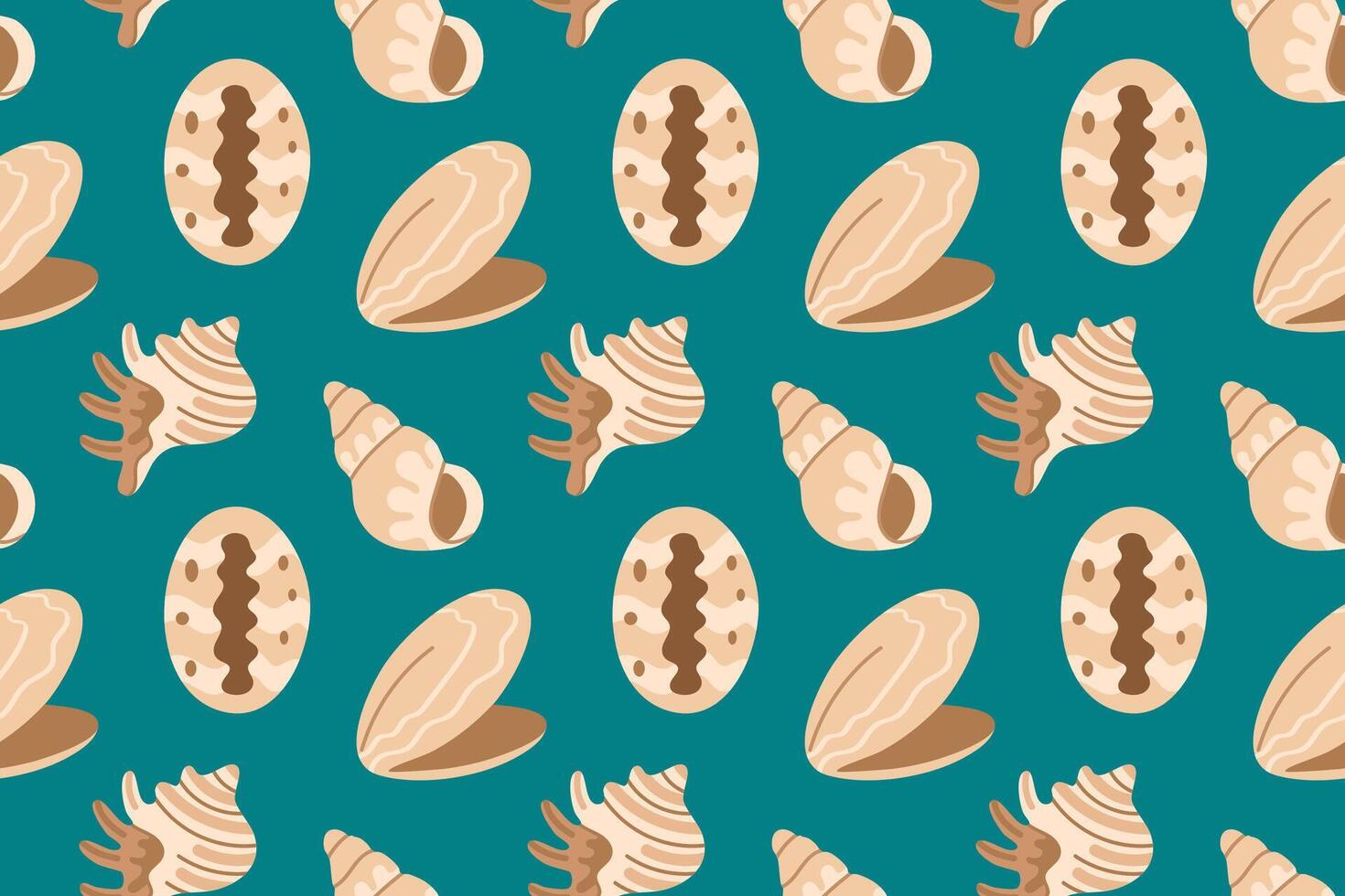 Seamless pattern with different shell types including cowrie, clams, and conch on a deep teal background for marine-themed projects vector
