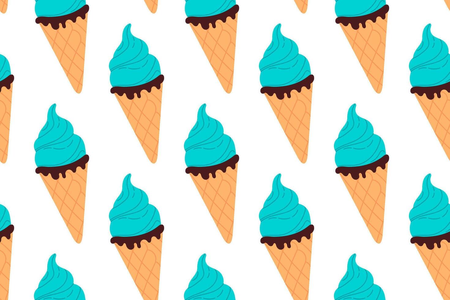 Seamless pattern of blue ice cream cones with swirls on white background, ideal for cool dessert visuals or playful summer designs vector