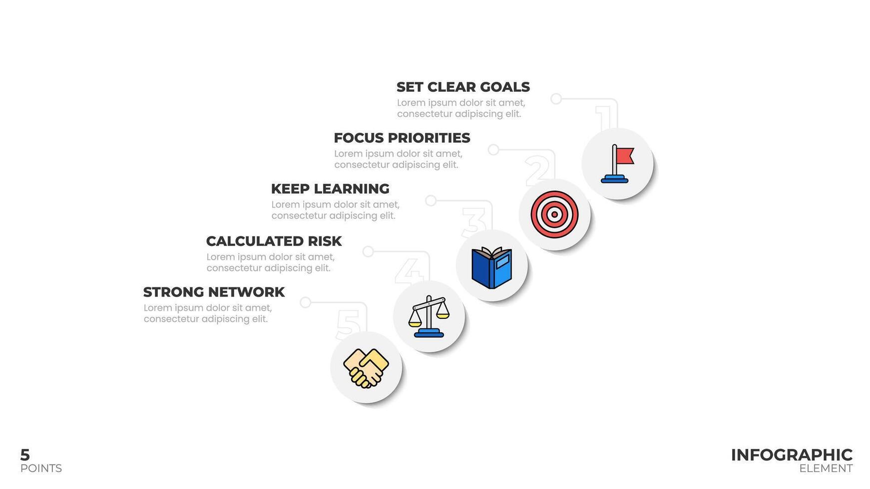 Infographic template with 5 points, explaining the steps to success. Clean design with icons and numbered steps. Ideal for business presentations or reports. vector