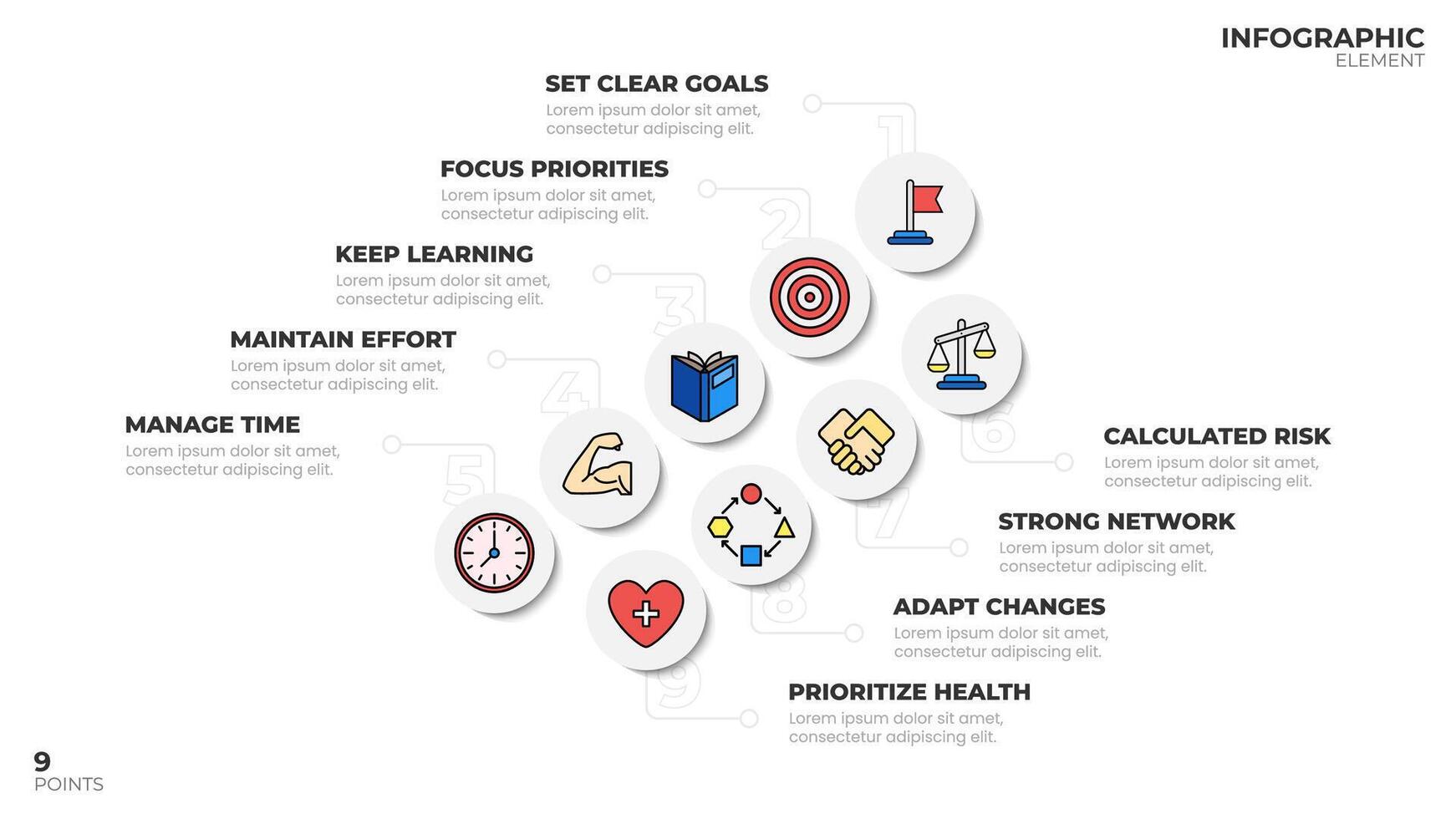 Infographic template with 9 points, explaining process or steps, using circles and icons, suitable for business or finance topics. Clean and modern design. vector