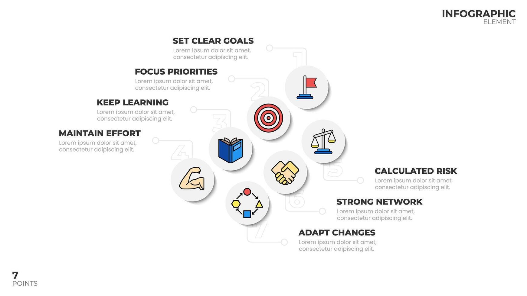 Infographic template with 7 points, using a circular layout and icons to represent each point. Ideal for business presentations or reports. vector