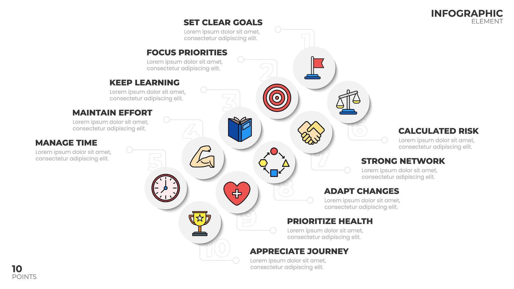 Infographic template with 10 points, explaining a business process or strategy. Circular layout with icons and text. Ideal for presentations or reports. vector