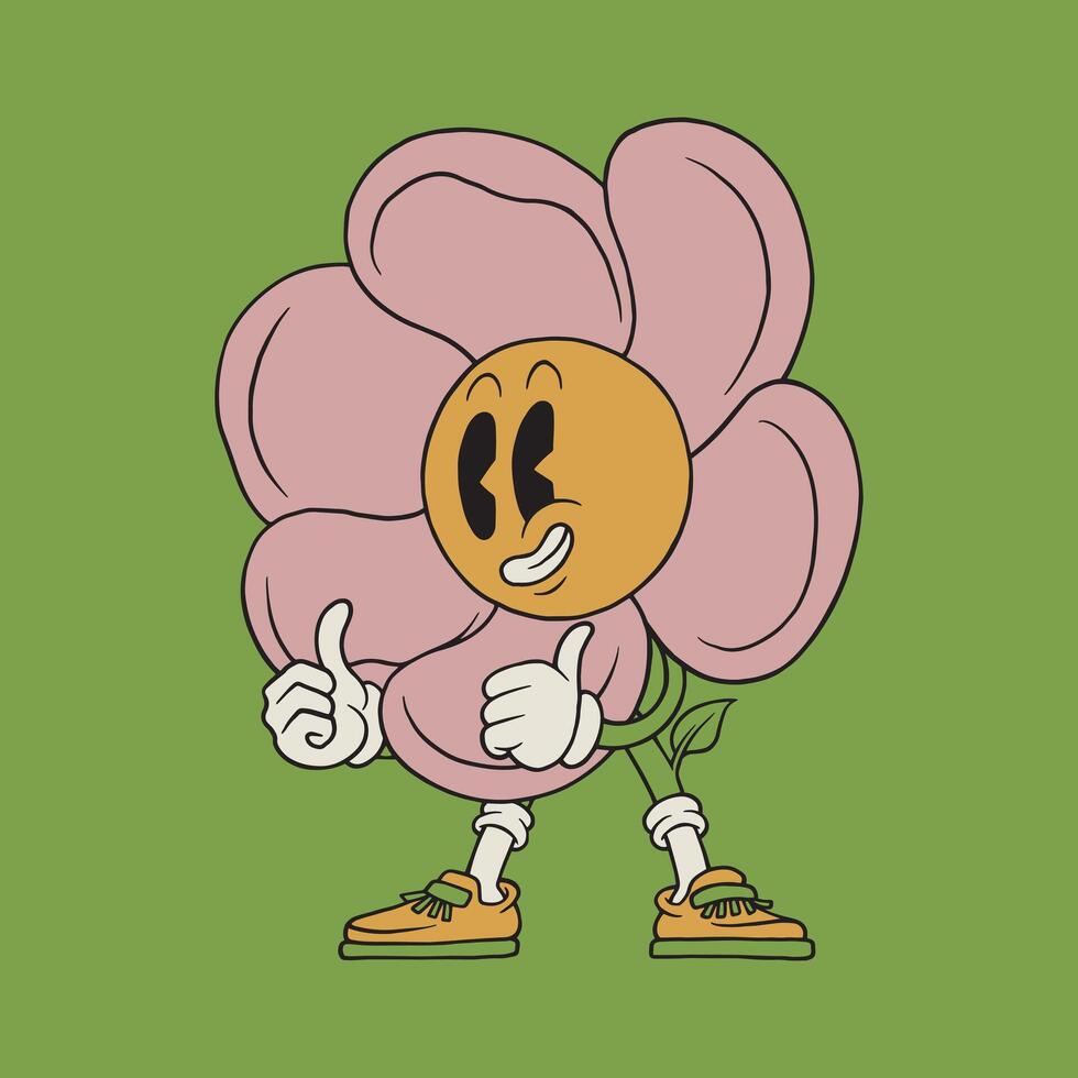 retro cartoon emblem of cheerful flower mascot raising thumbs vector