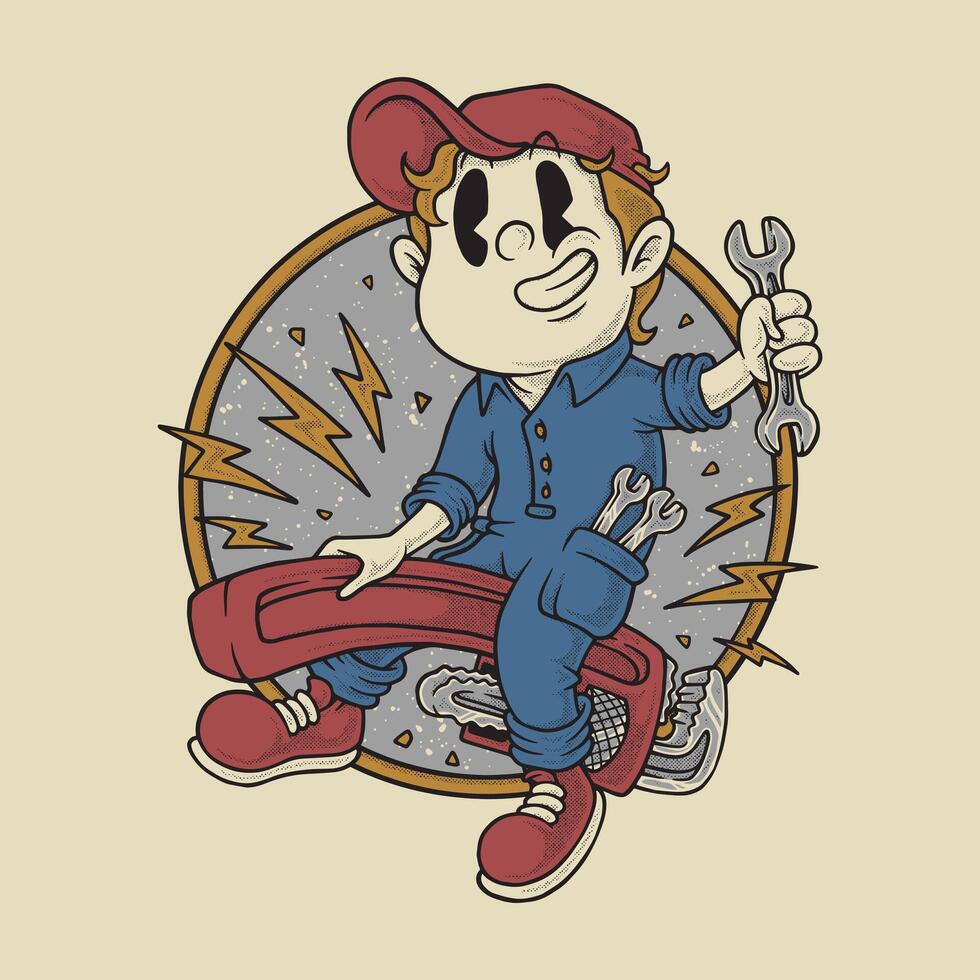 retro cartoon emblem of mechanic mascot riding pipe wrench vector