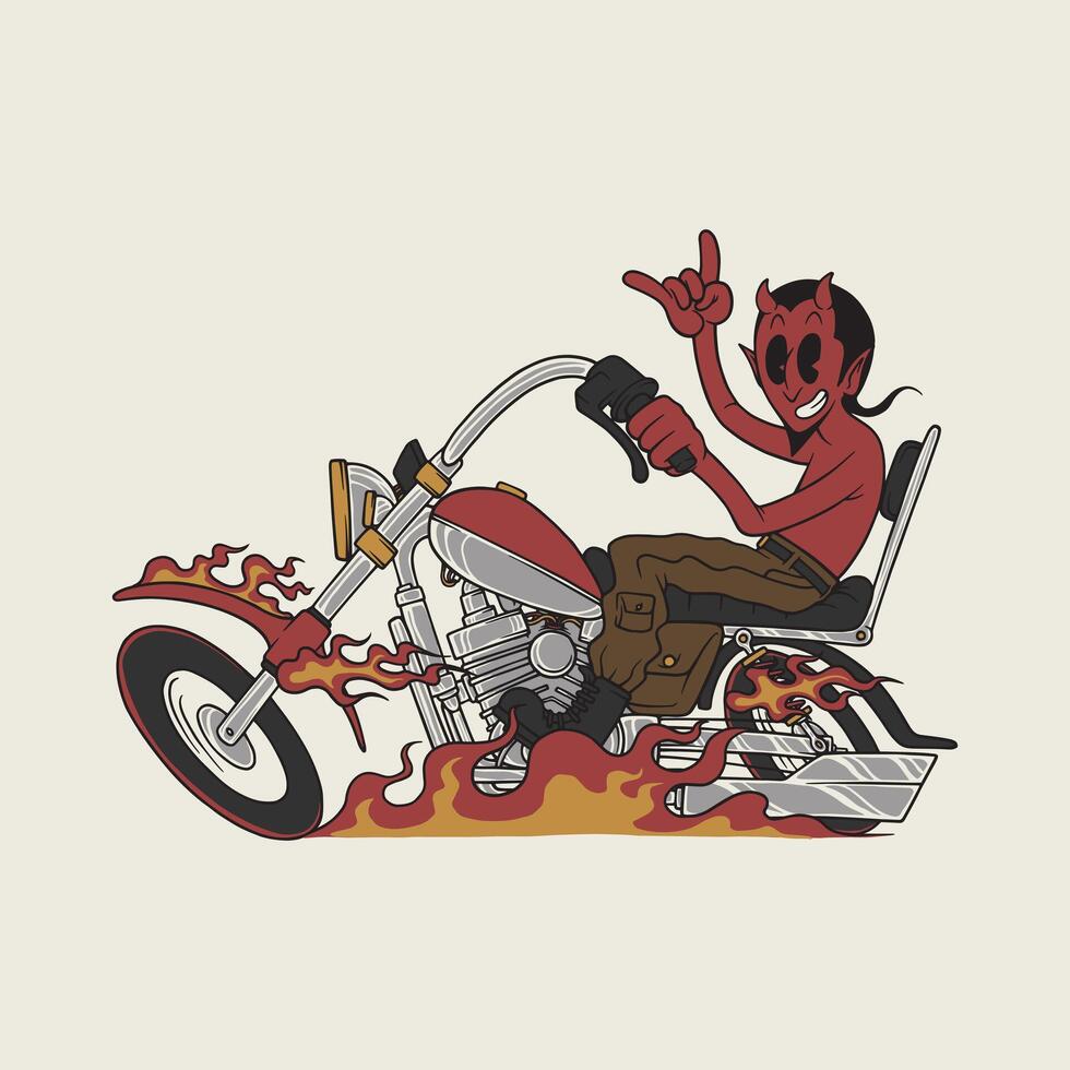 retro cartoon emblem of devil riding chooper bike vector