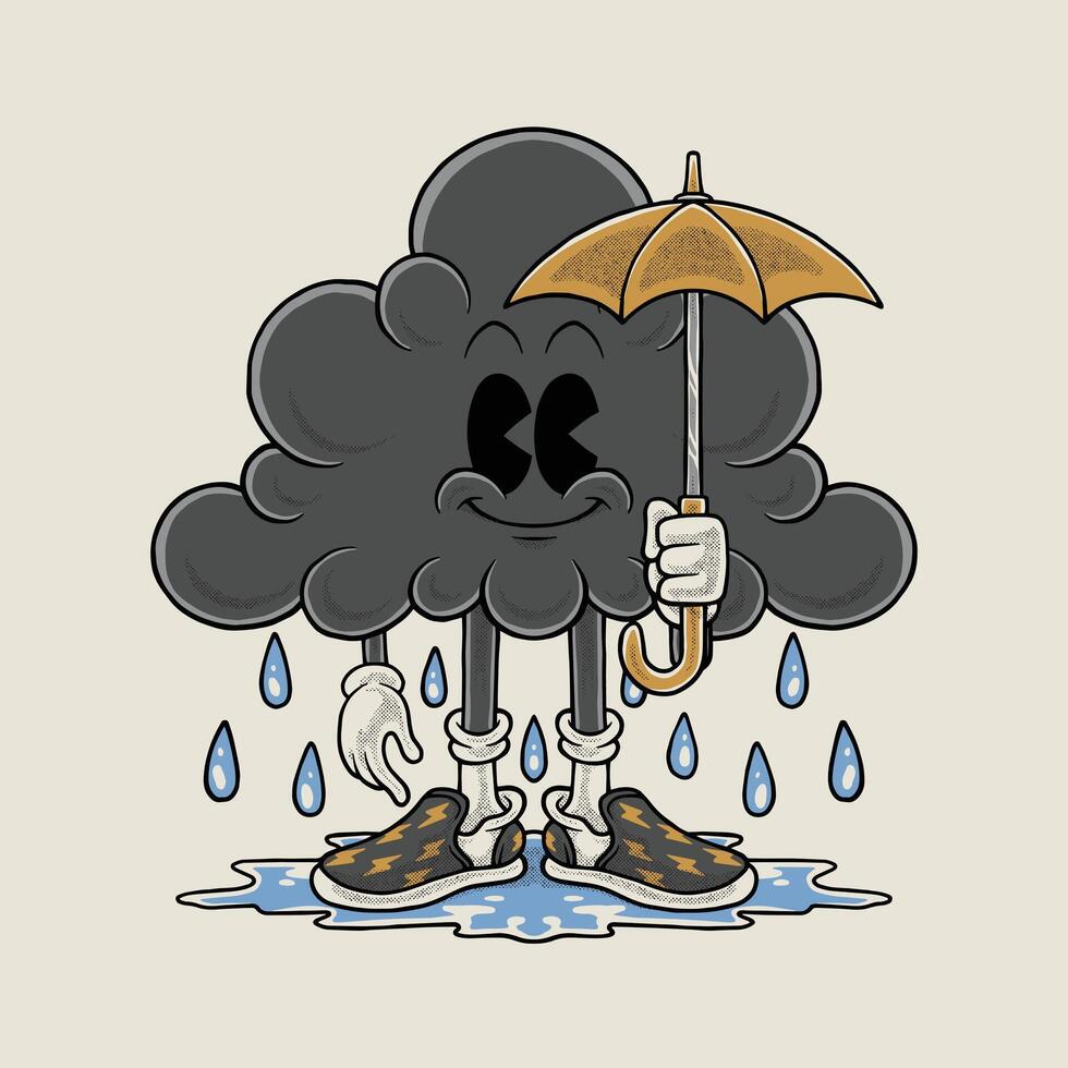 retro cartoon emblem of cute rain cloud mascot holding an umbrella vector