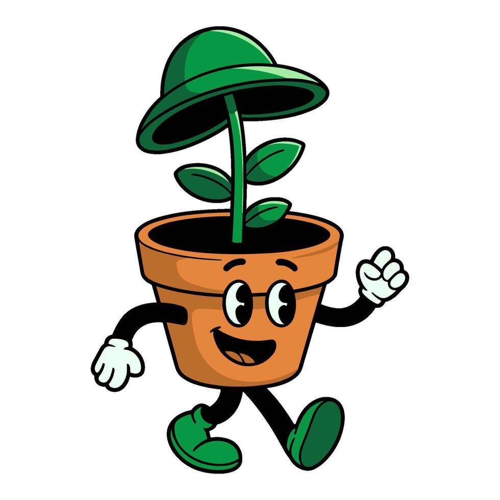 Happy cartoon flowerpot character walking with smiling face and leaves growing out vector