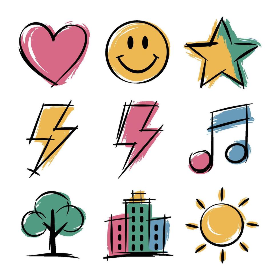 set of colorful brushstroke icons featuring doodles of stars, hearts, and music notes vector