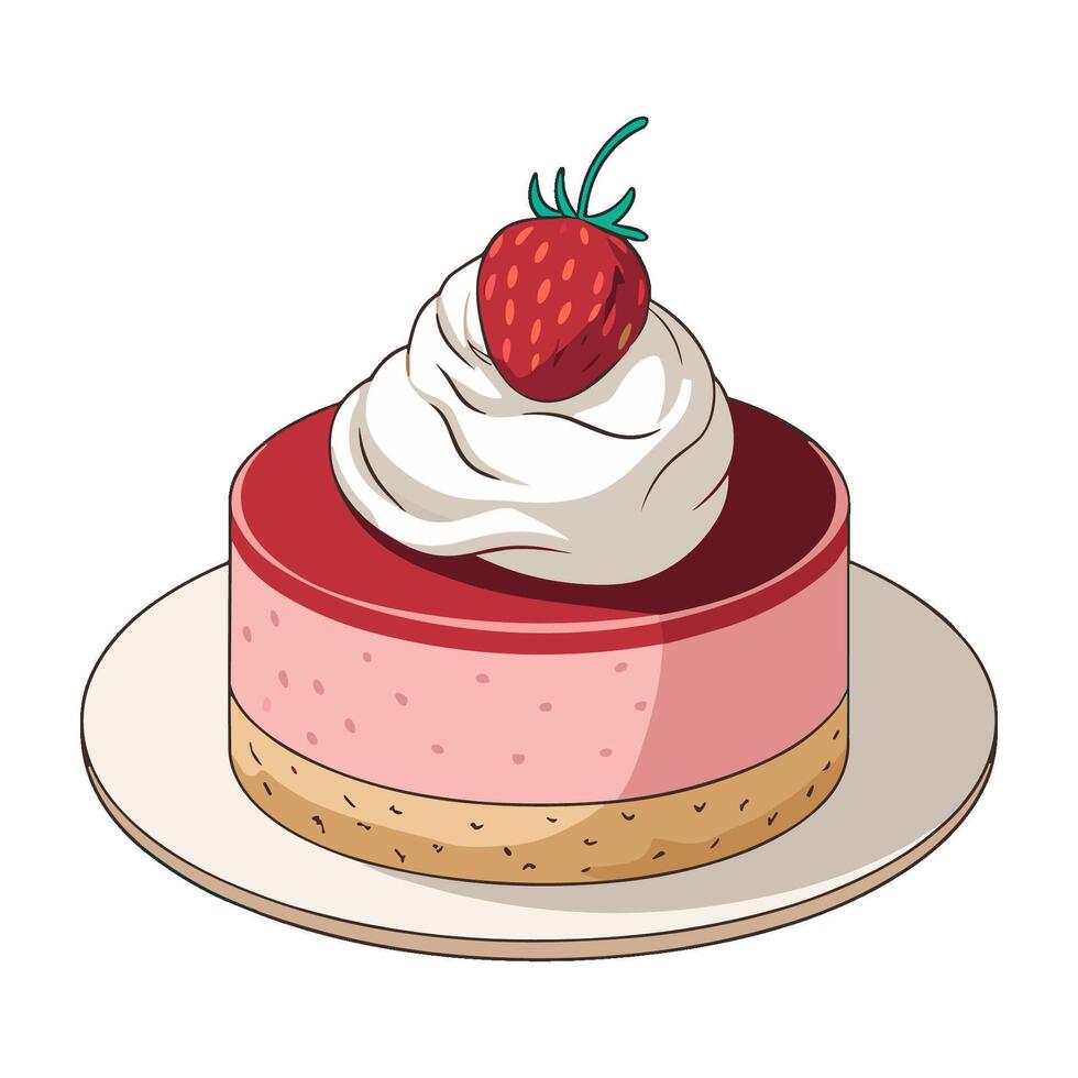 Strawberry mousse cake with whipped cream and strawberry on plate, illustration vector
