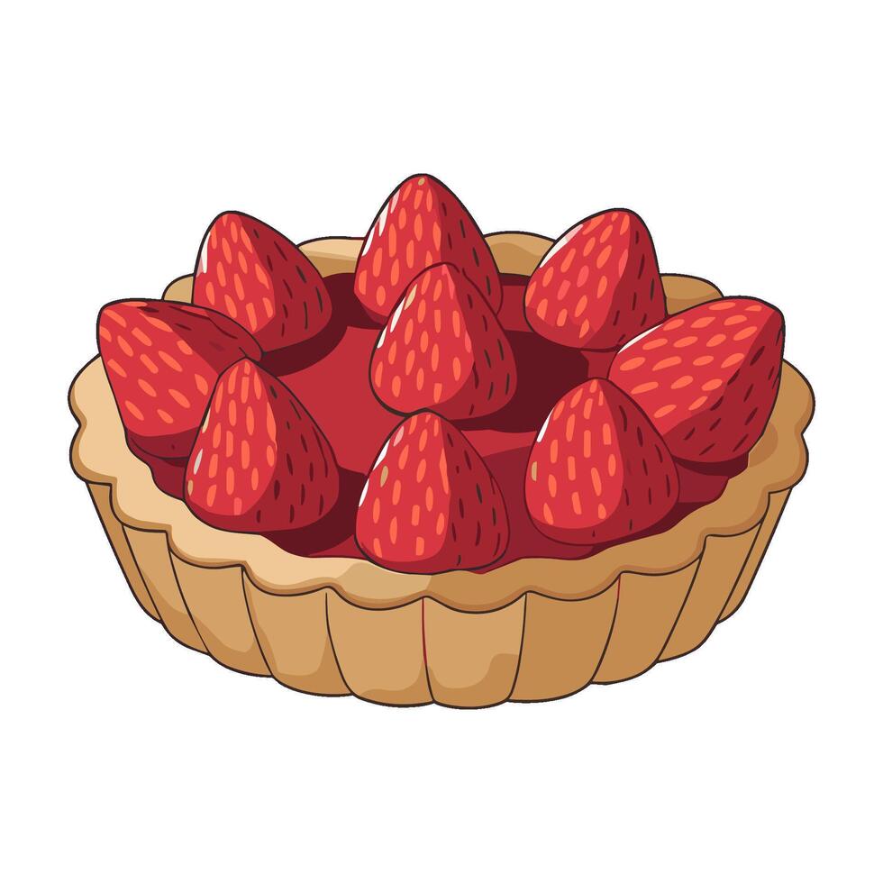 Colorful cartoon doodle style strawberry tart illustration featuring luscious berries vector