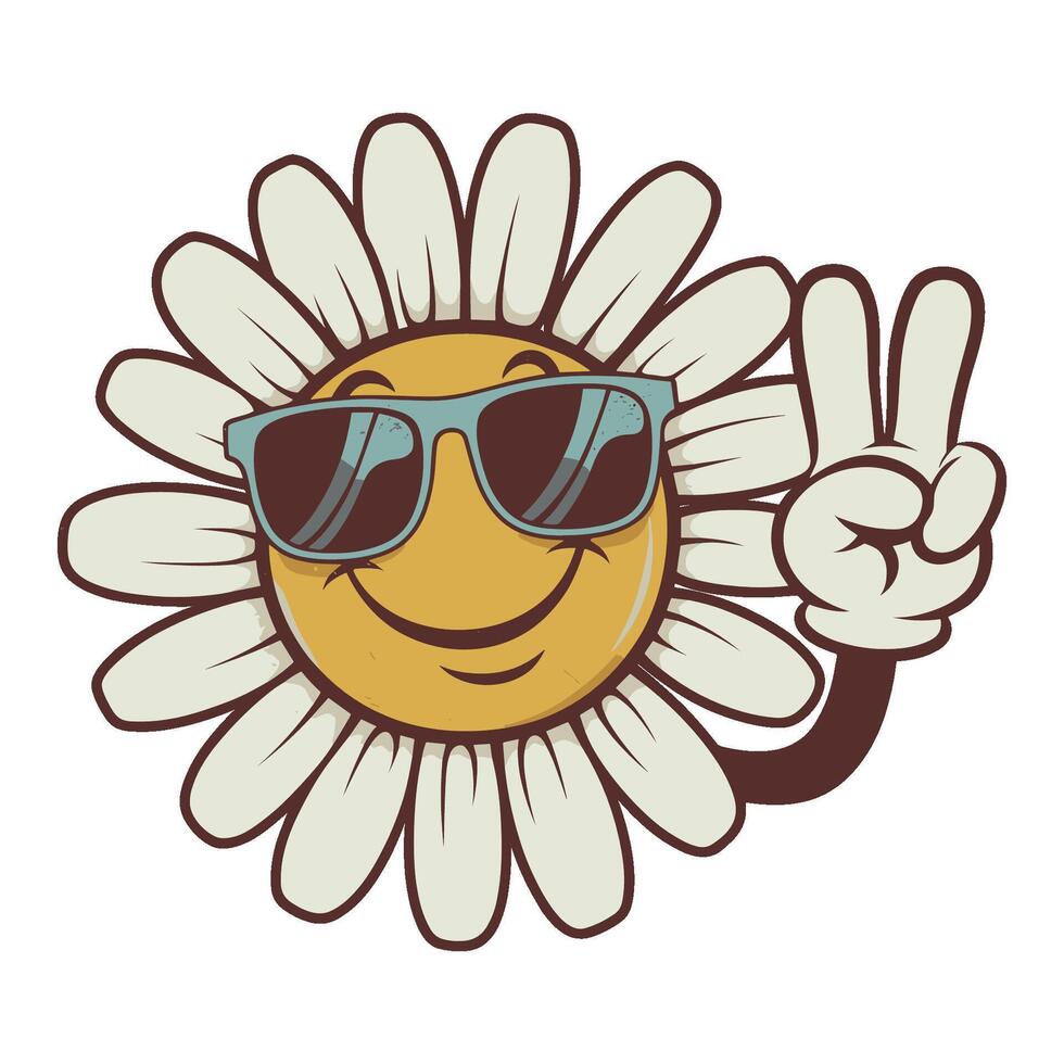 Sunny retro flower character in sunglasses joyfully celebrating in whimsical illustration style vector