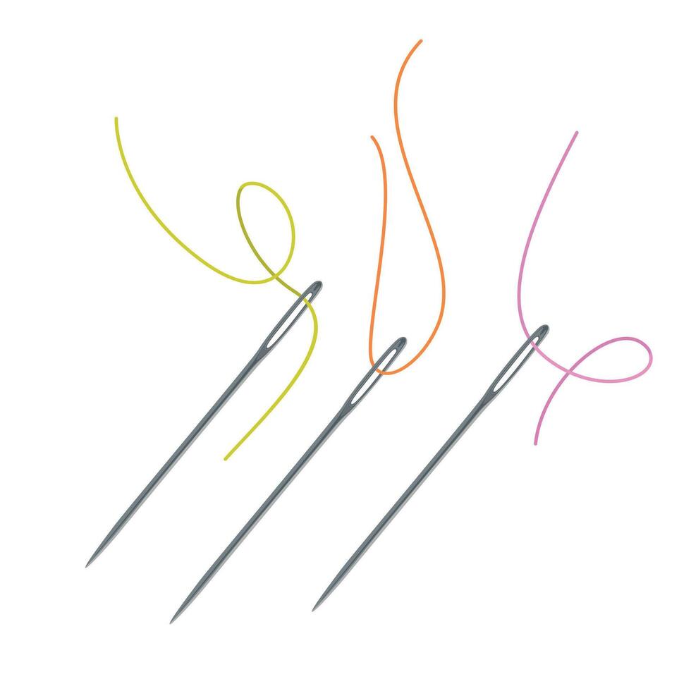 Sewing needles are displayed with brightly colored threads passed through their eyes vector
