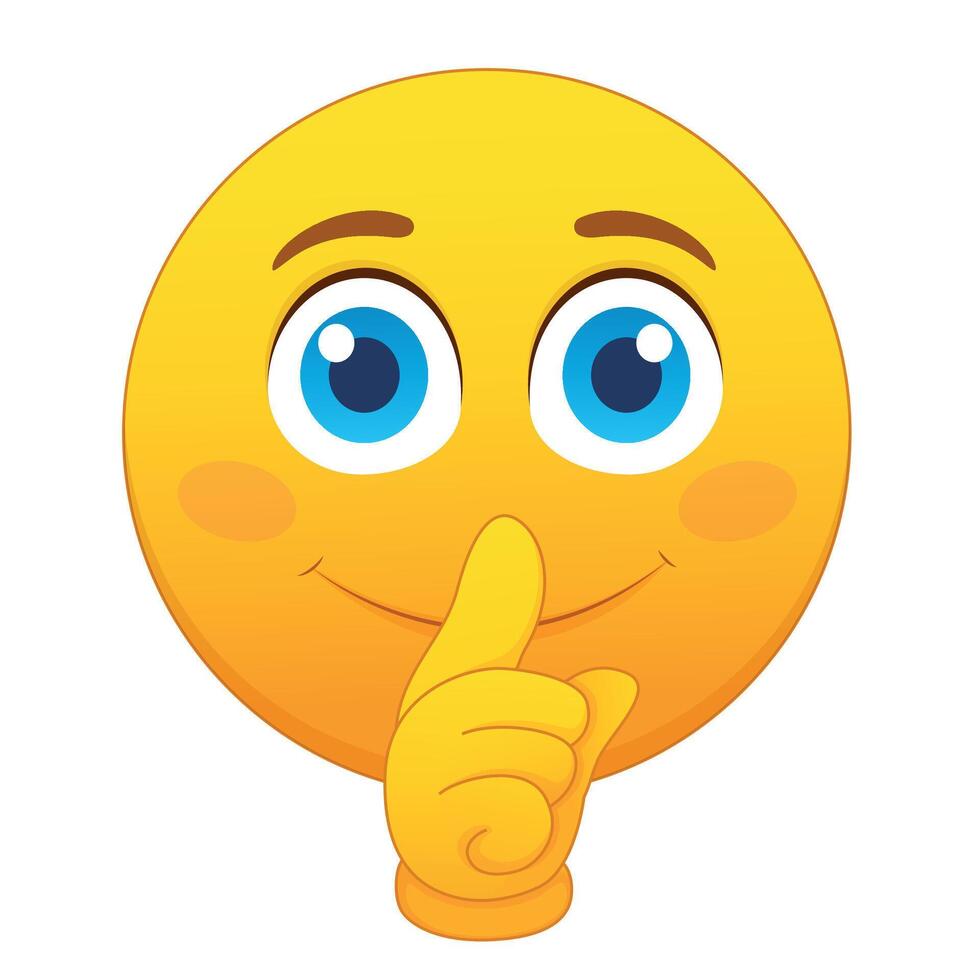 Cartoon emoji shush gesture, silence, secrecy. Yellow emoji face with big blue eyes smiling and holding an index finger to its mouth. vector