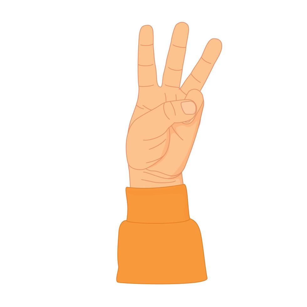 Cartoon-style human hand with three fingers extended upward. Gesture number three, counting vector