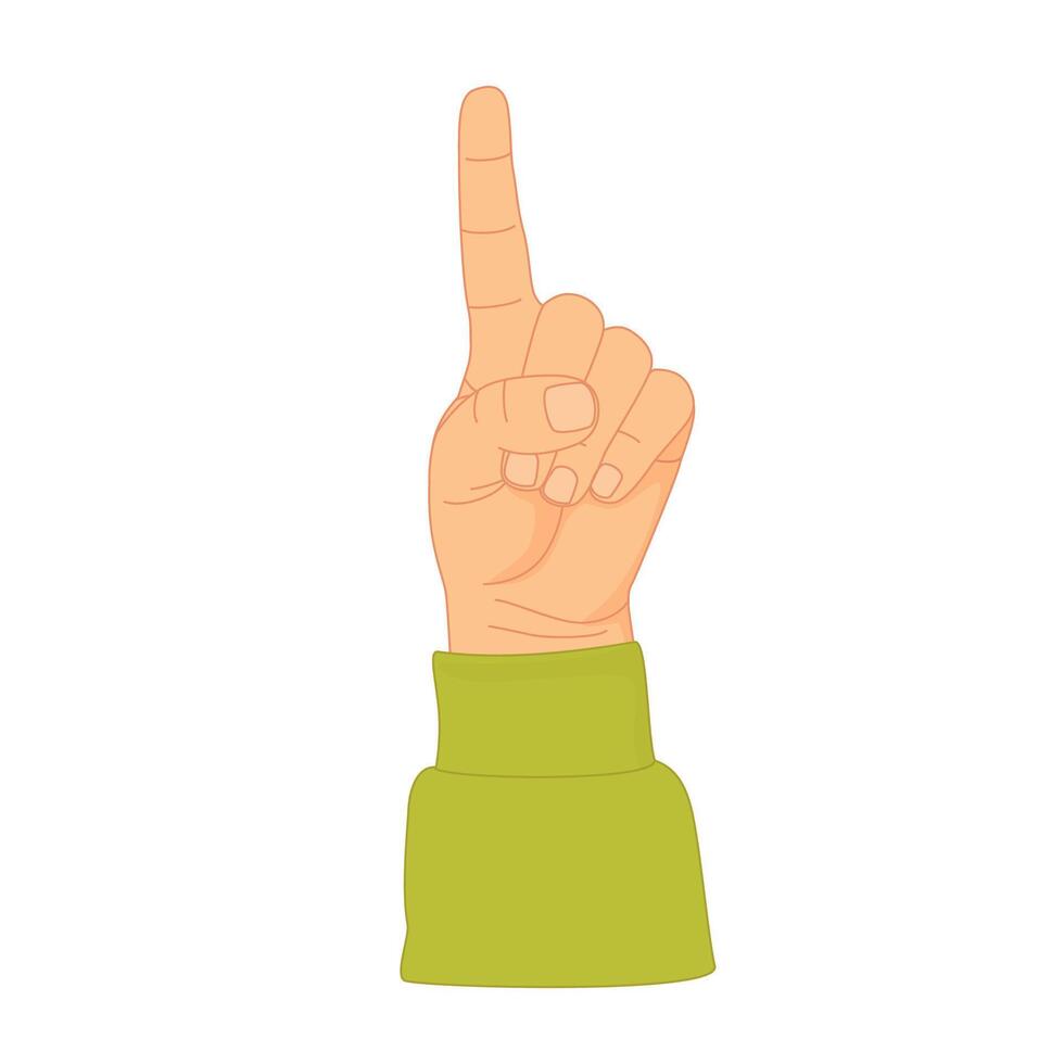 Hand with number one. Cartoon-style human hand with raised index finger pointing straight up, isolated on white background. vector