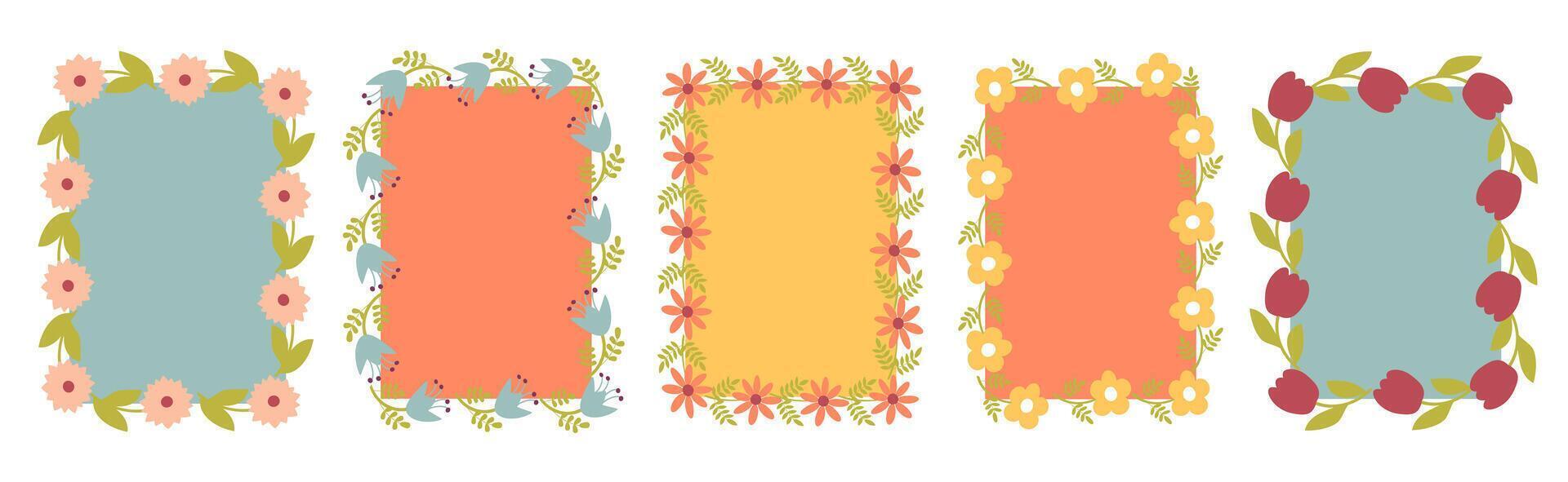 Set of flower frames. Wreath with flowers. Floral frame, hand drawn simple cute botanical round frame. Four colorful floral banners with leaves and flowers vector