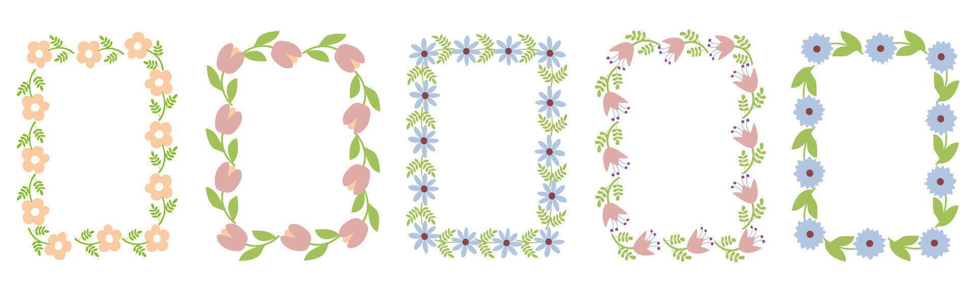 Set of flower frames. Wreath with flowers. Floral frame, hand drawn simple cute botanical round frame. Set of four floral borders with leaves and flowers vector