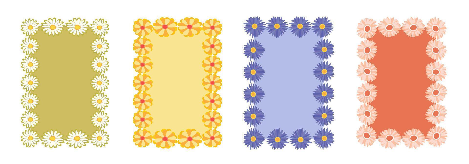 Set of flower frames. Wreath with flowers. Floral frame, hand drawn simple cute botanical round frame. Four different floral borders with different colors vector
