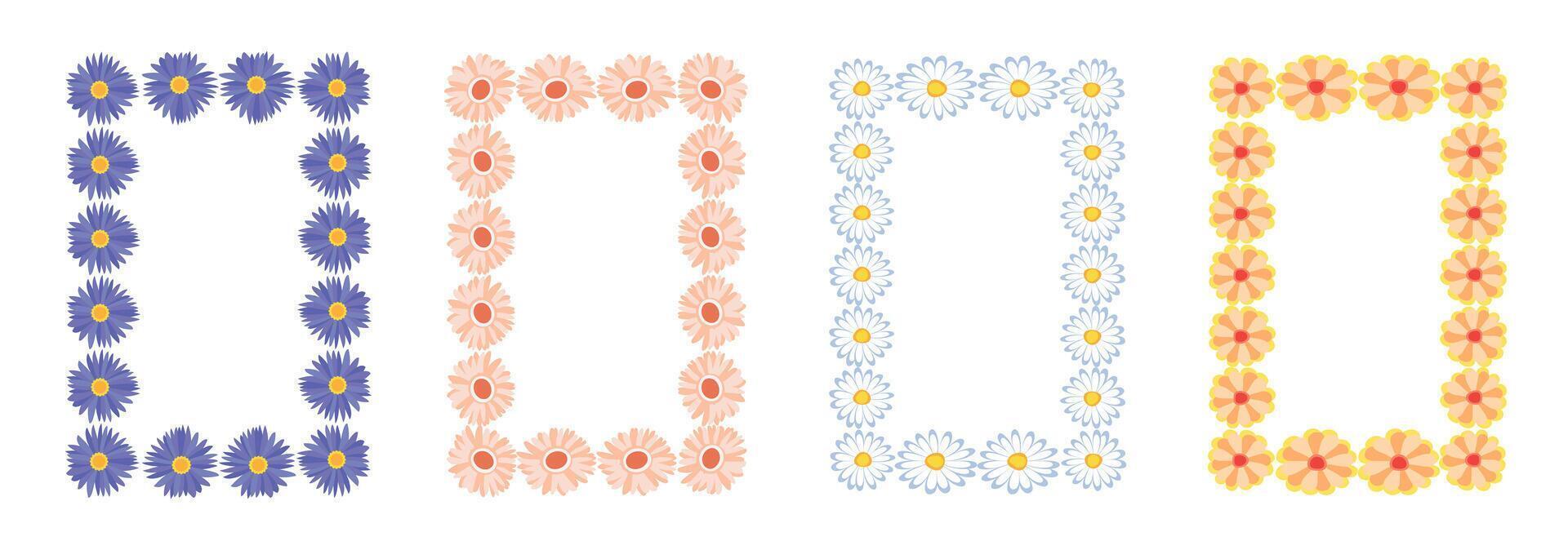 Set of flower frames. Wreath with flowers. Floral frame, hand drawn simple cute botanical round frame. Four different colored floral borders on a white background vector
