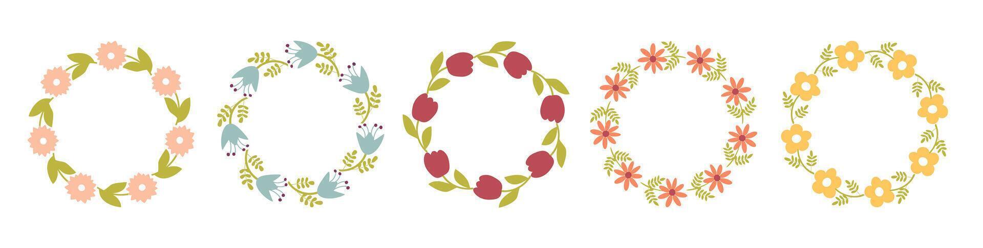Set of flower frames. Wreath with flowers. Floral frame, hand drawn simple cute botanical round frame. Set of floral wreaths with different colors vector