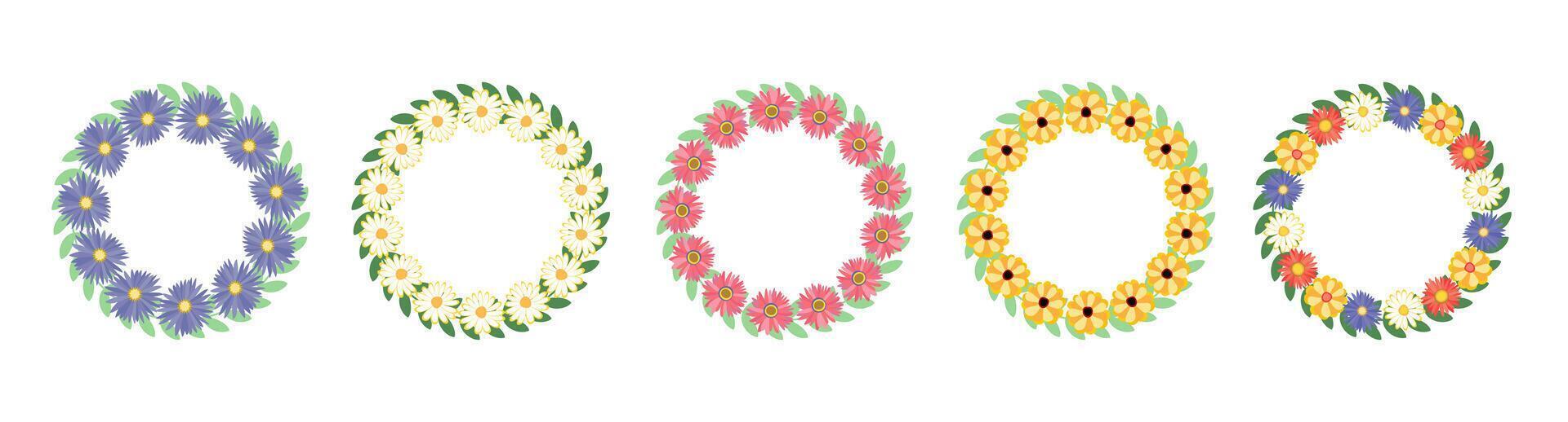 Set of flower frames. Wreath with flowers. Floral frame, hand drawn simple cute botanical round frame. Four different colored flowers in a circle vector