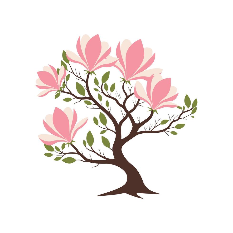 Magnolia Tree with Pink Flowers, Elegant Floral Illustration vector