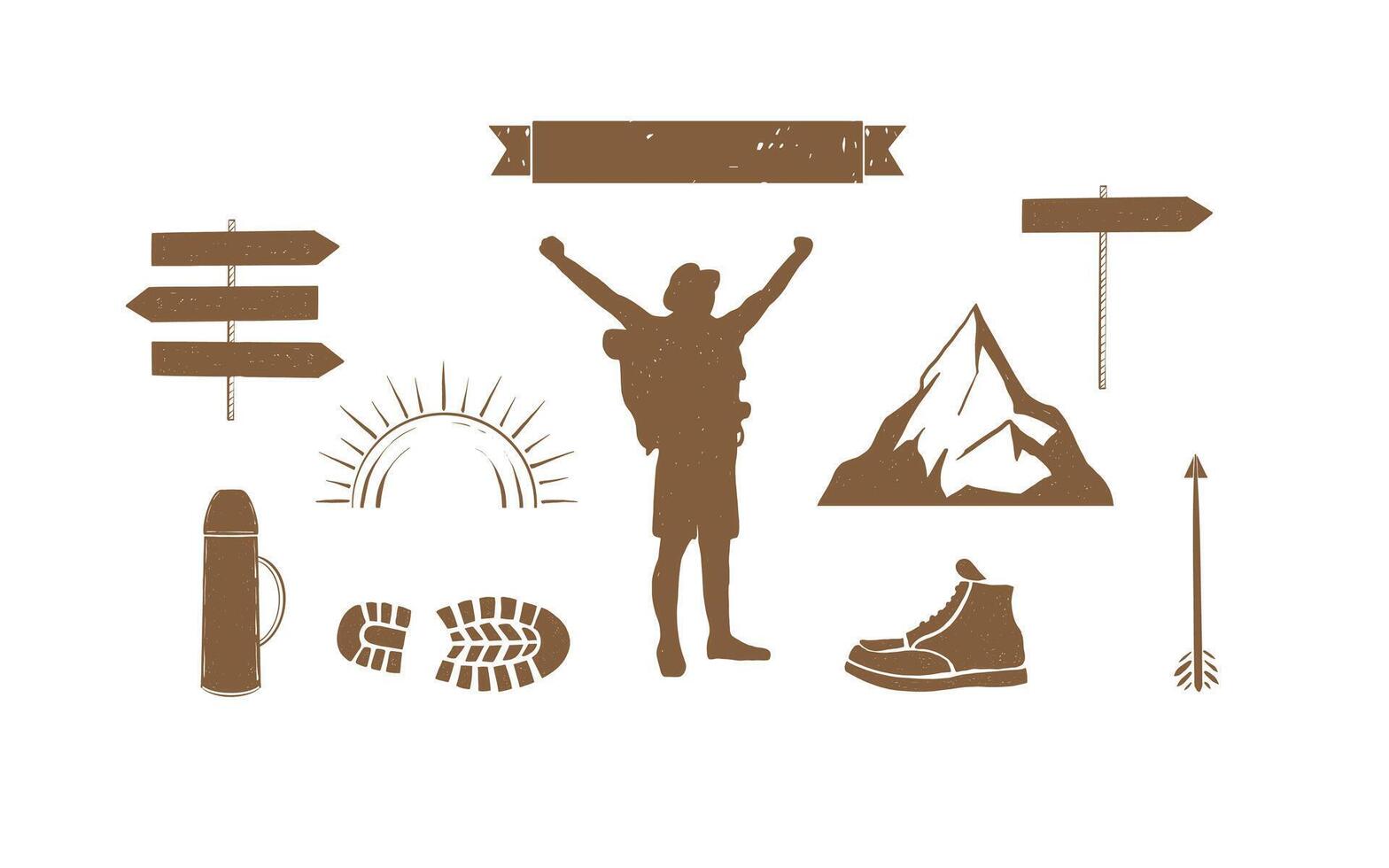 Set of Hand Drawn Mountain Hiking Illustrations. Outdoor Adventure Icon collection. Perfect for logos, stats and infographics. illustration vector