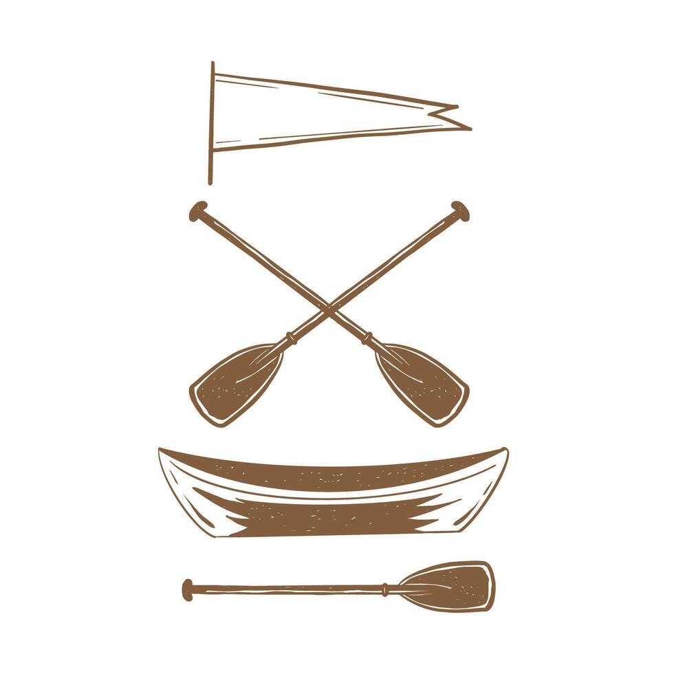 TSet of hand drawn illustrations wooden boat, oars, flag. Set of travel icons. Two boat paddles or canoe oars flat icon for nautical apps and websites. illustration vector