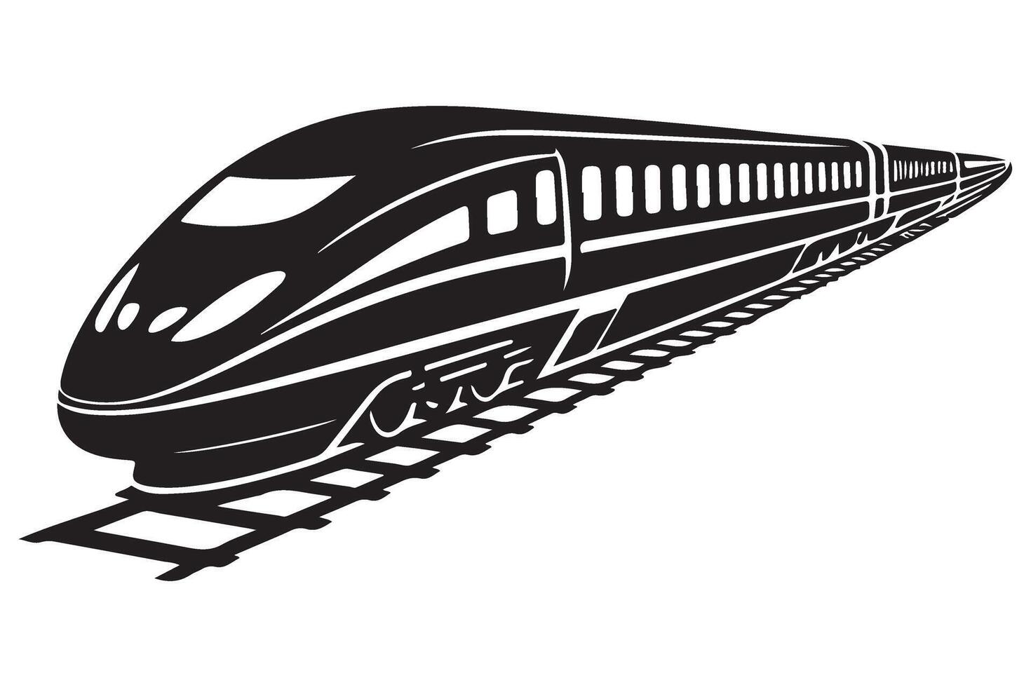 Angled Silhouette Illustration of a Sleek Bullet Train on Tracks Graphic vector
