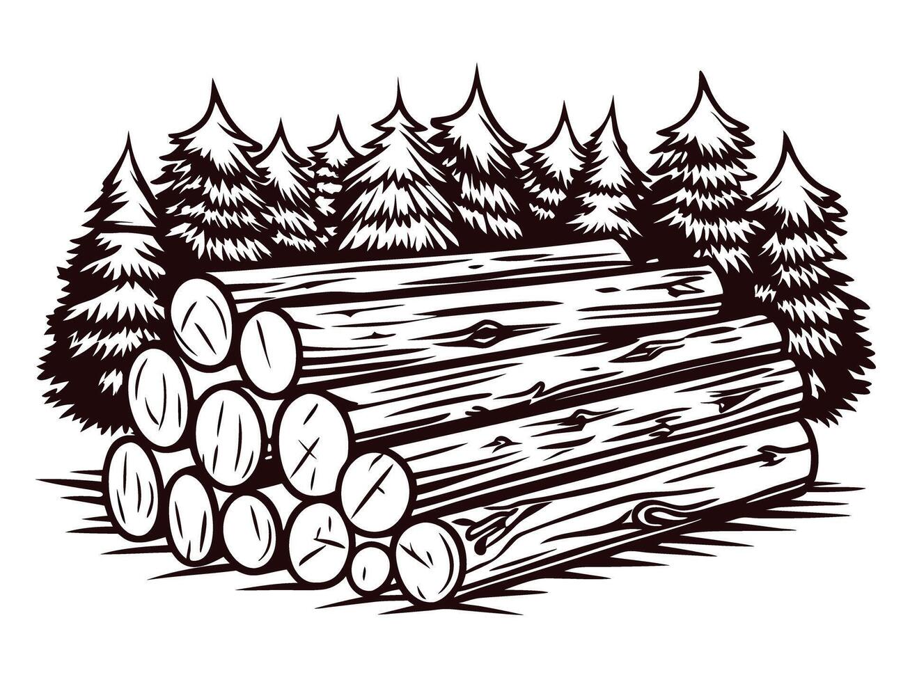 Pile of timber logs in forest with evergreen trees at woodland vector