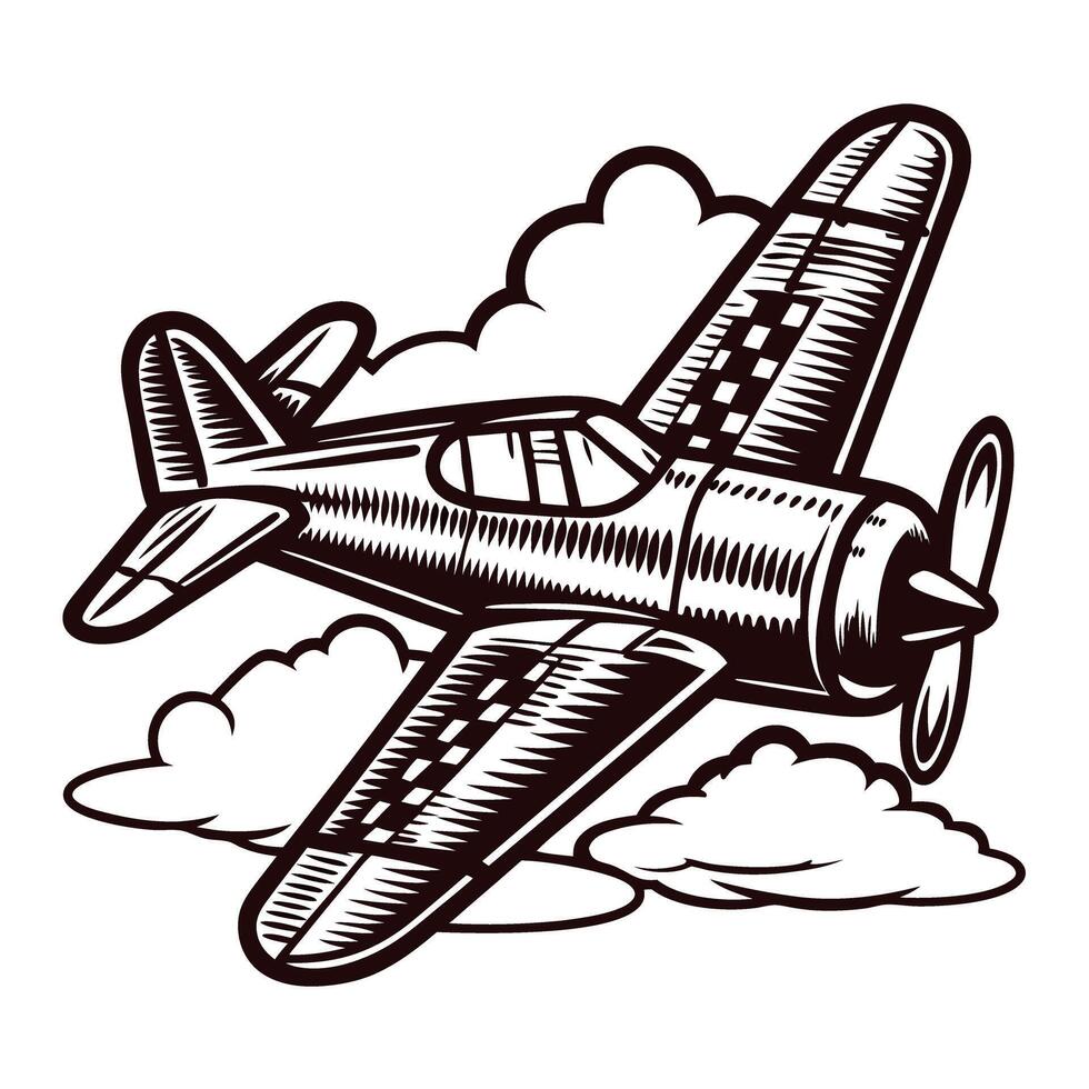 Vintage airplane flying among clouds in retro vector
