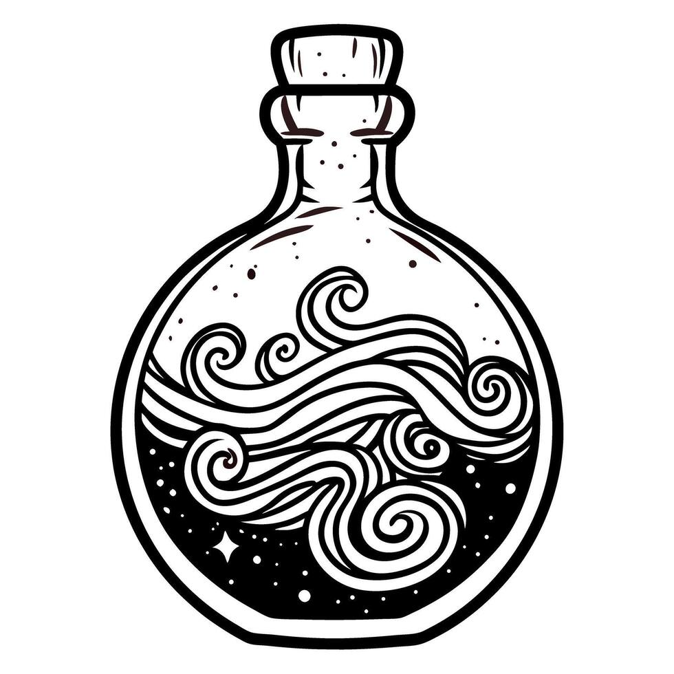 Intricate art of a swirling potion in a glass bottle with cosmic designs vector