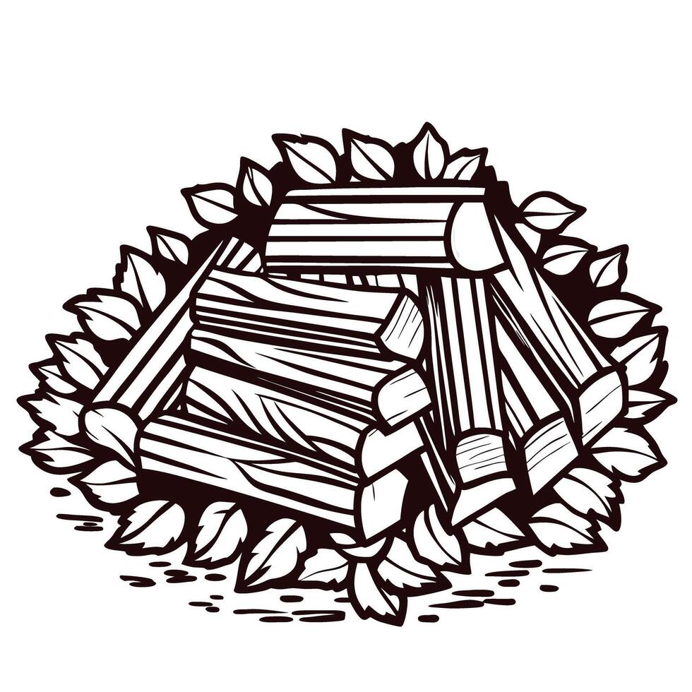 Pile of firewood logs and leaves in a rustic woodcut vector