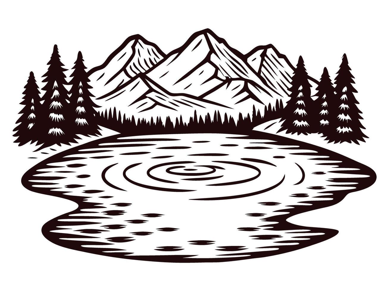 Scenic mountain landscape with lake and pine trees in rustic black and white artwork vector