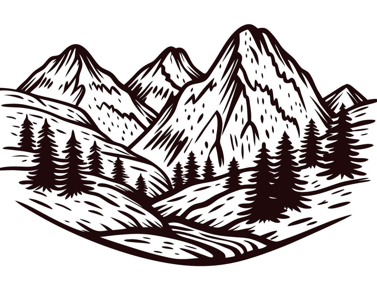 Scenic mountain landscape with pine trees and rolling hills in black and white vector